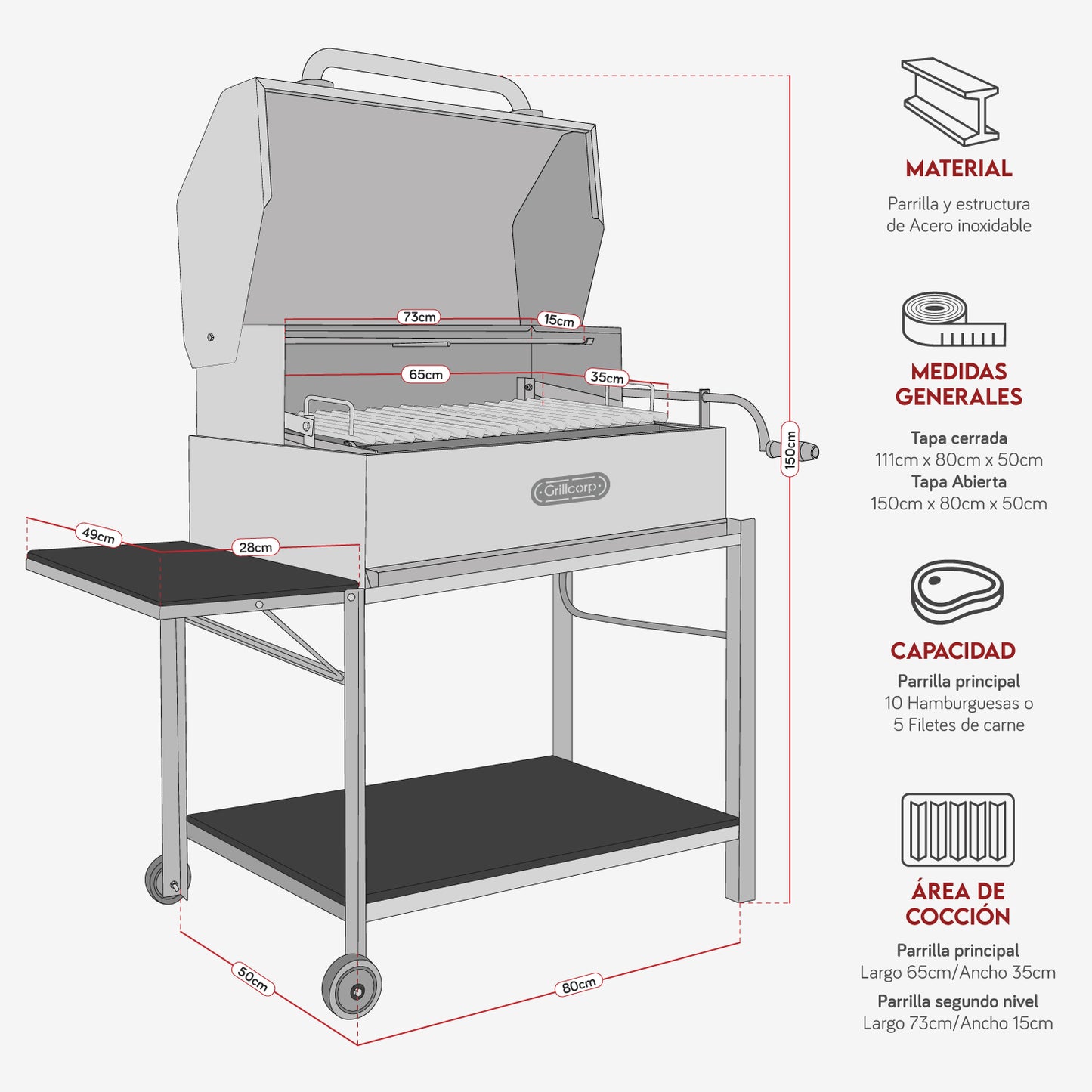 Parrilla Argentina con tapa Grande Inoxidable 80cm x 50cm | Grillcorp