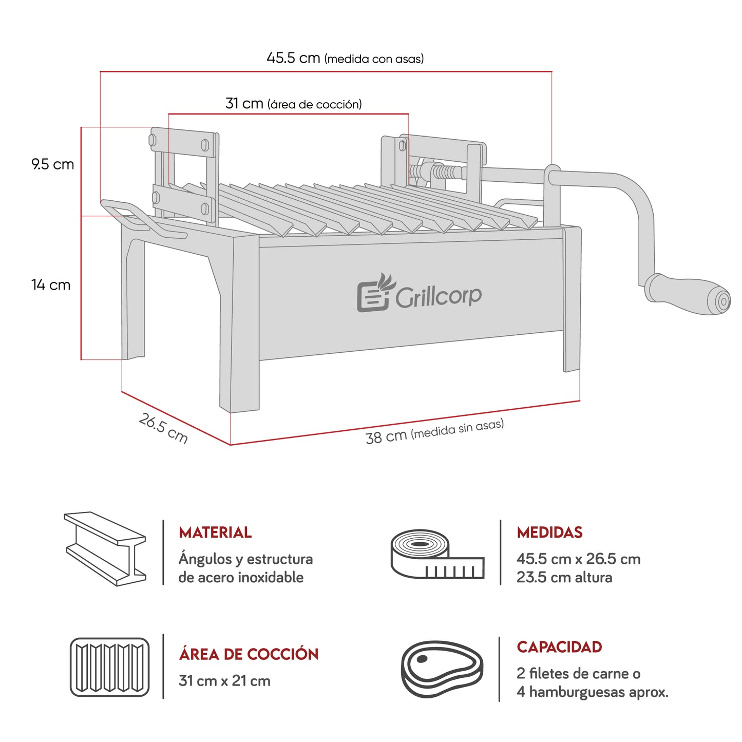 Parrilla Empotrable con sistema de levante Inoxidable Chico 26cm x 38cm