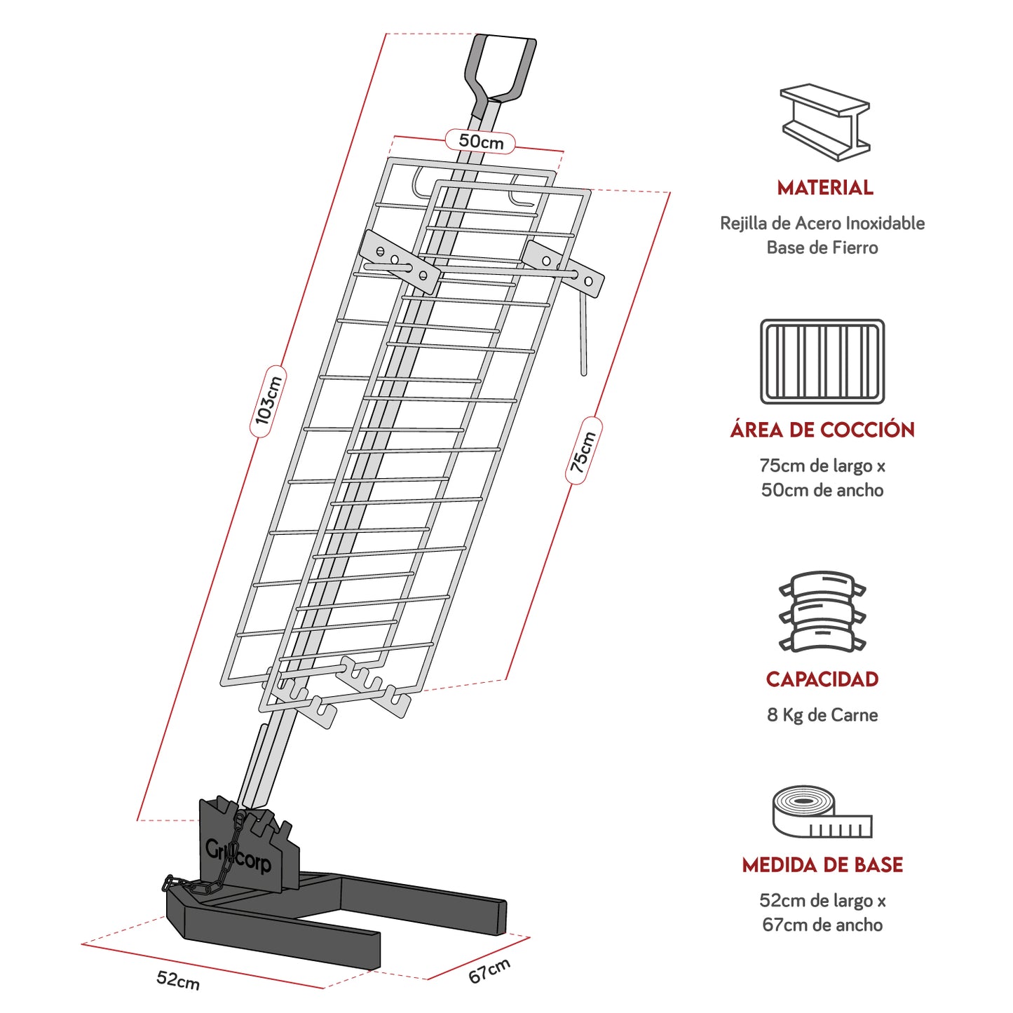 Combo Estaca Inoxidable 75 x 50 cm + Pack carbón y leña