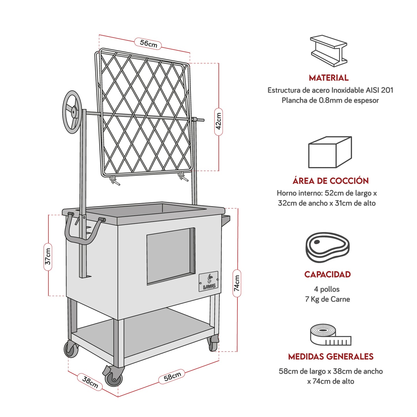 Caja China Mediana (60cm x 40cm) de Acero Inoxidable 3 en 1 - Llamas