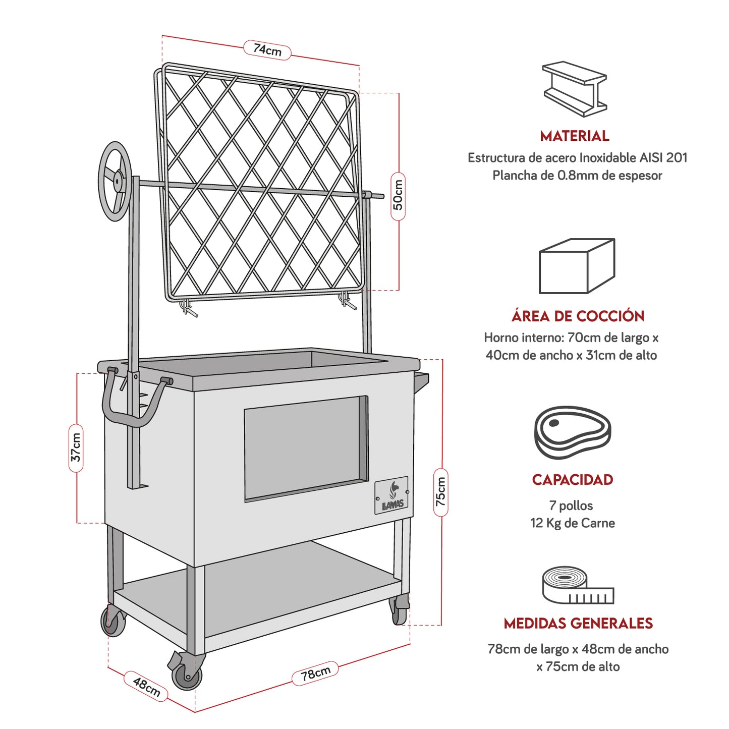 Caja China Grande (80cm x 50cm) de Acero Inoxidable 3 en 1 - Llamas