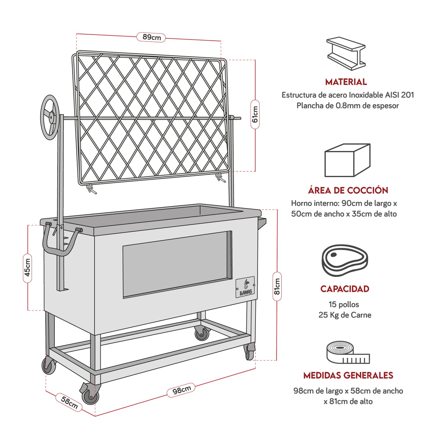 Caja China Grande (100cm x 60cm) de Acero Inoxidable 3 en 1 - Llamas