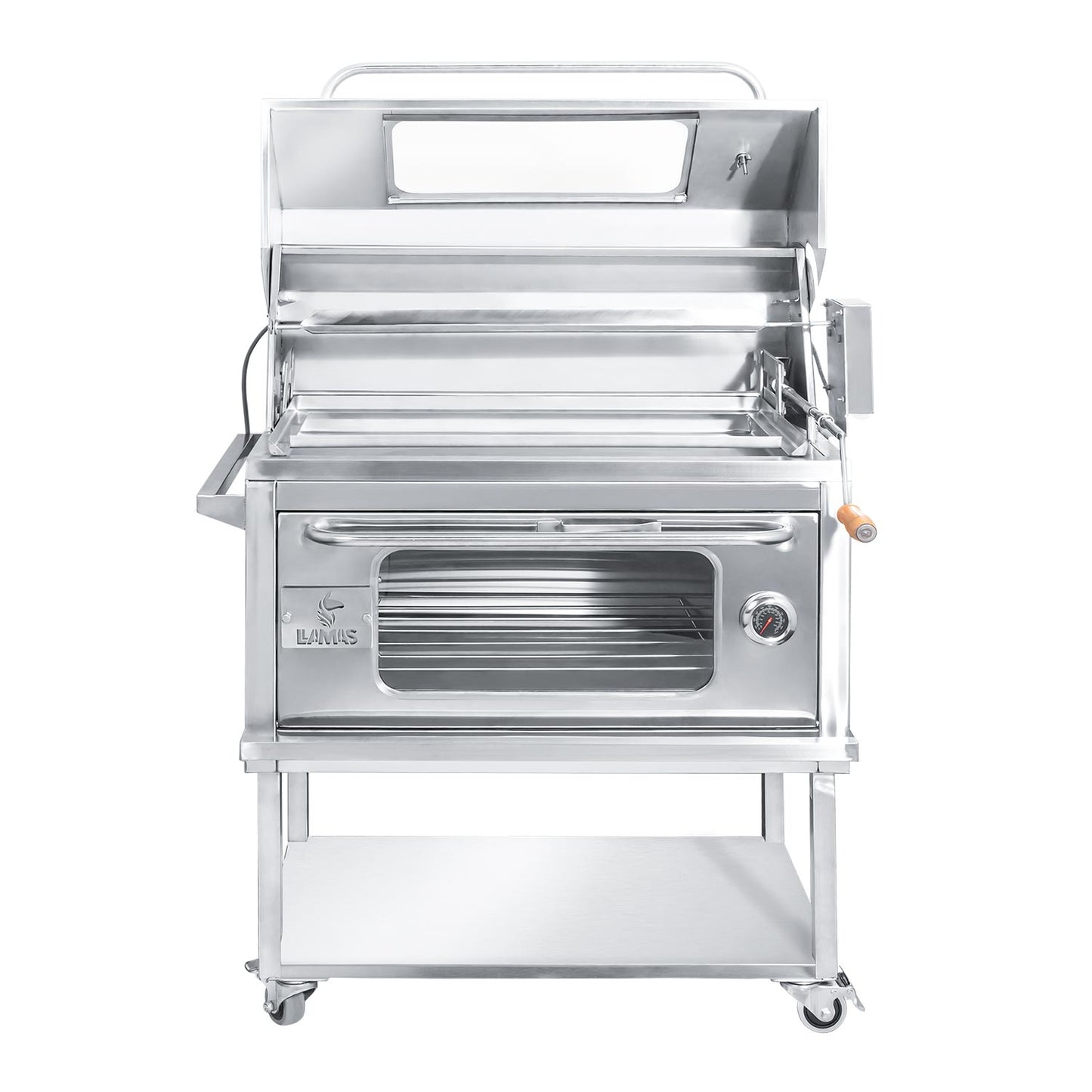Parrilla con tapa y rostizador a motor (80cm x 50cm) de Acero Inoxidable 4 en 1 - Llamas