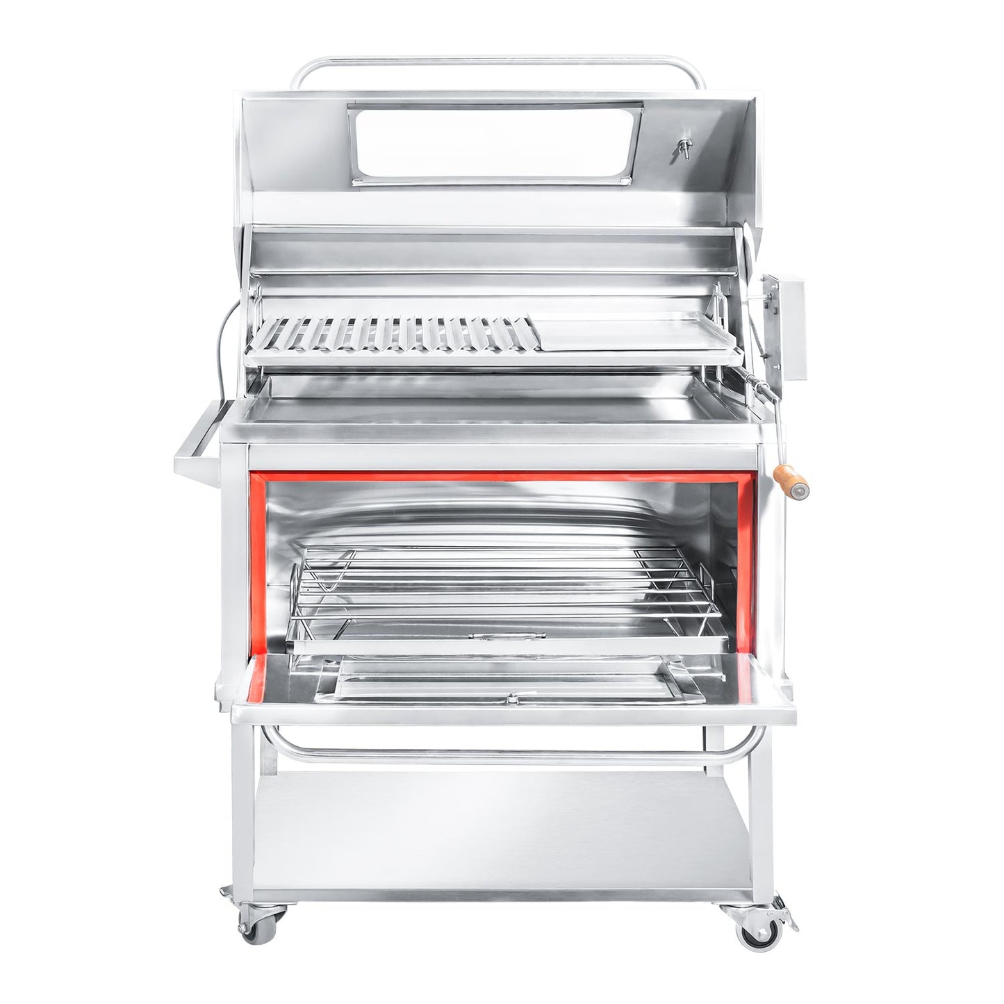 Parrilla con tapa y rostizador a motor (80cm x 50cm) de Acero Inoxidable 4 en 1 - Llamas