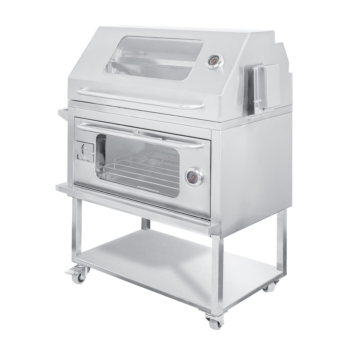 Parrilla con tapa y rostizador a motor (80cm x 50cm) de Acero Inoxidable 4 en 1 - Llamas