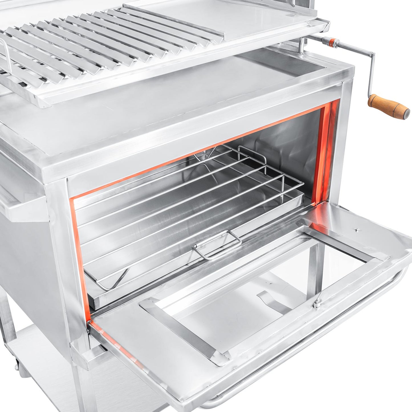 Parrilla con tapa y rostizador a motor (80cm x 50cm) de Acero Inoxidable 4 en 1 - Llamas