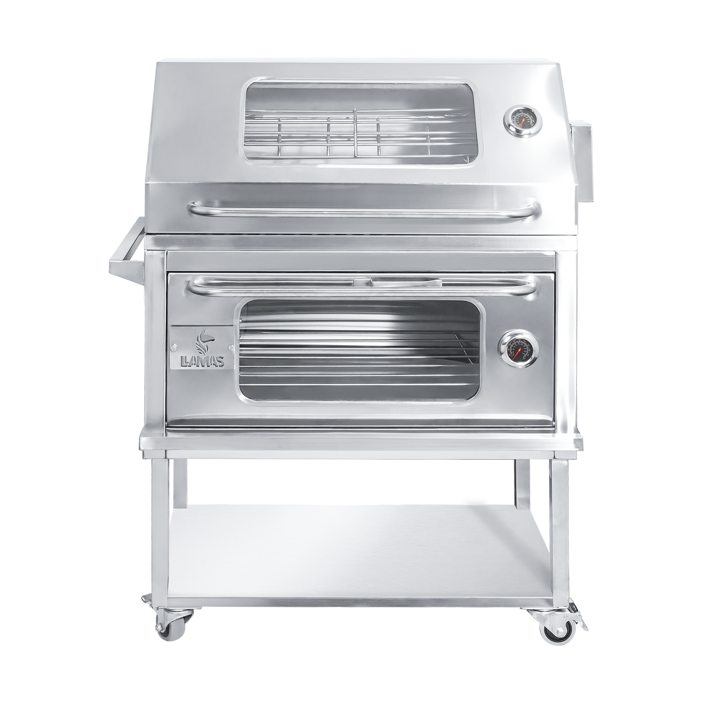 Parrilla con tapa y rostizador a motor (80cm x 50cm) de Acero Inoxidable 4 en 1 - Llamas