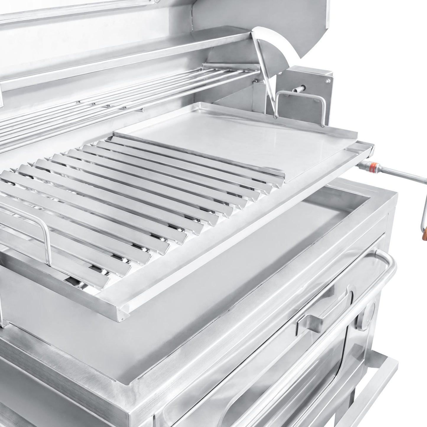 Parrilla con tapa y rostizador a motor (100cm x 60cm) de Acero Inoxidable 4 en 1 - Llamas