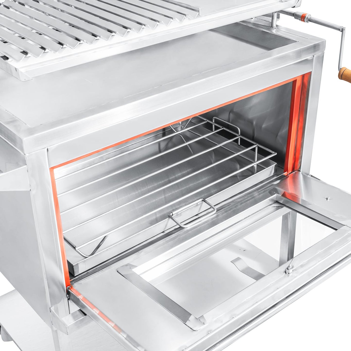 Parrilla con tapa y rostizador a motor (100cm x 60cm) de Acero Inoxidable 4 en 1 - Llamas