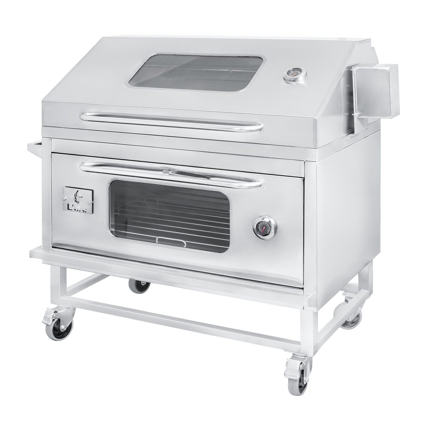 Parrilla con tapa y rostizador a motor (100cm x 60cm) de Acero Inoxidable 4 en 1 - Llamas