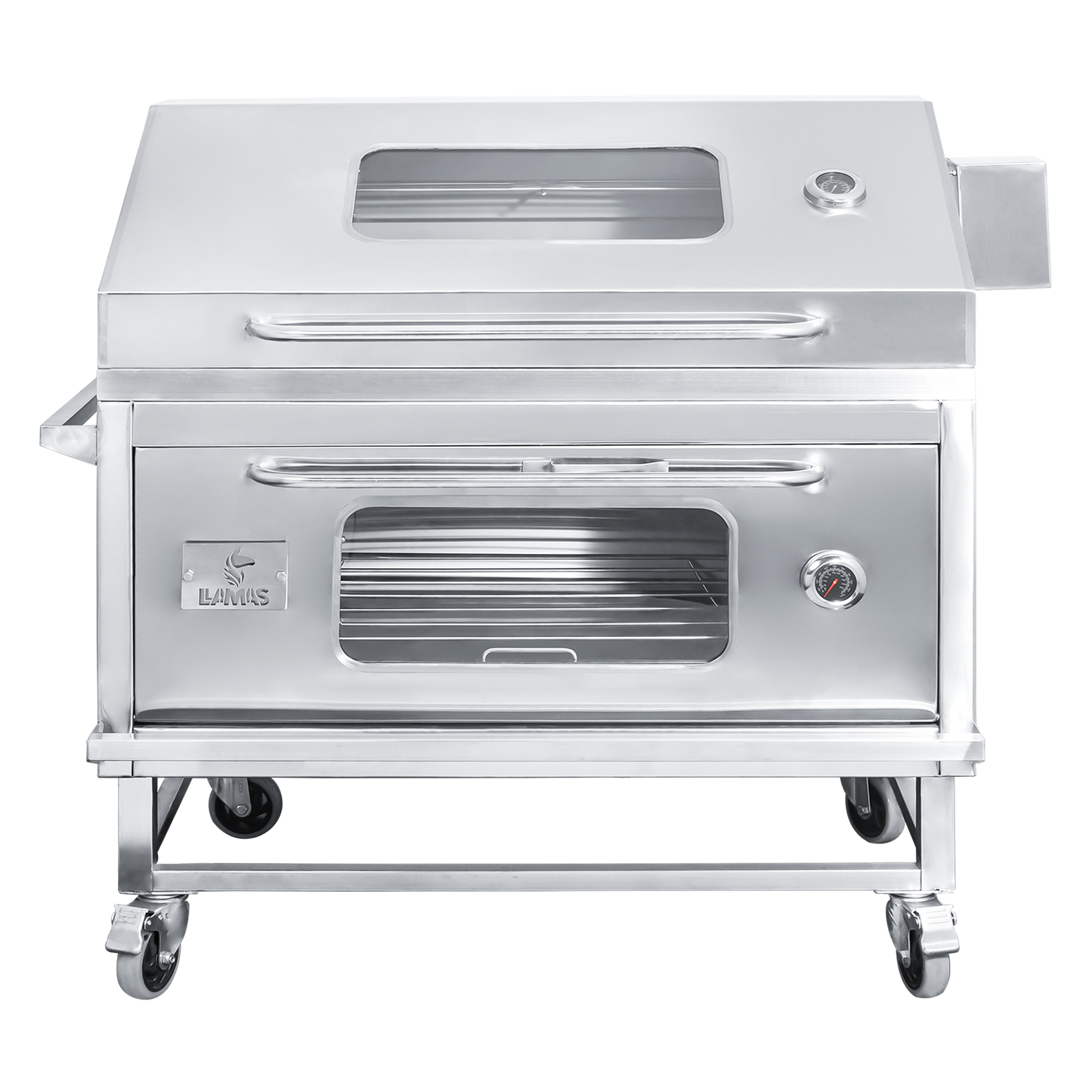 Parrilla con tapa y rostizador a motor (100cm x 60cm) de Acero Inoxidable 4 en 1 - Llamas