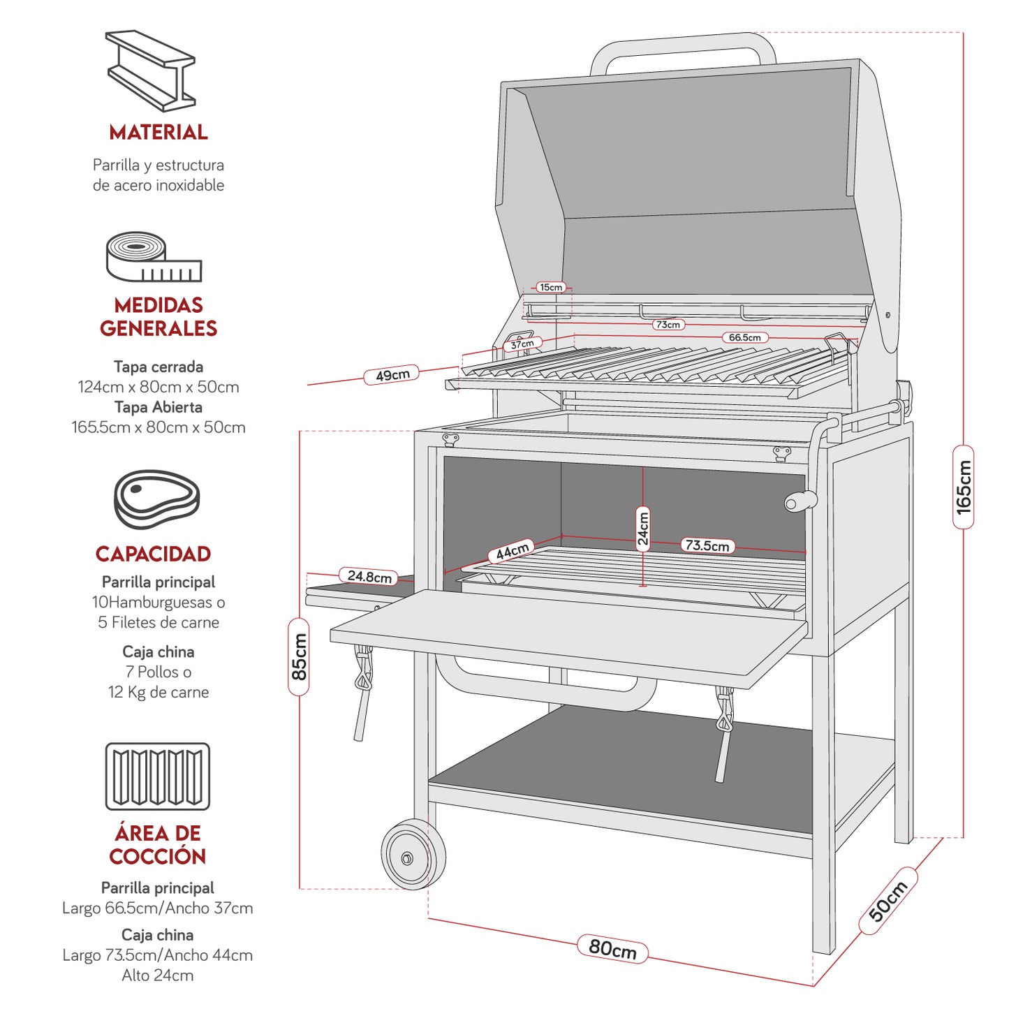Parrilla con Caja China Profesional con Tapa 80cm x 50cm | Grillcorp