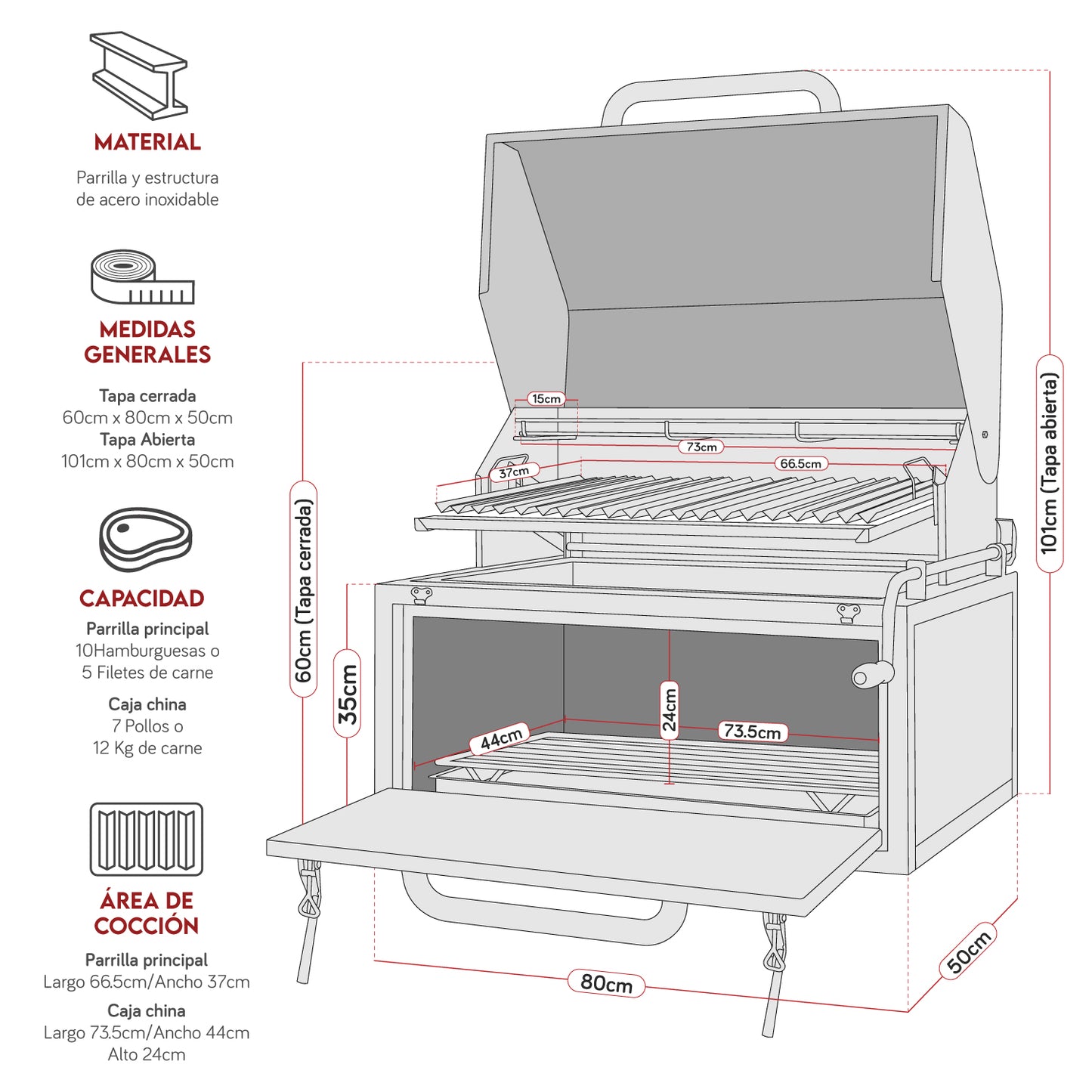 Parrilla Empotrable con Caja China Profesional con Tapa 80cm x 50cm | Grillcorp