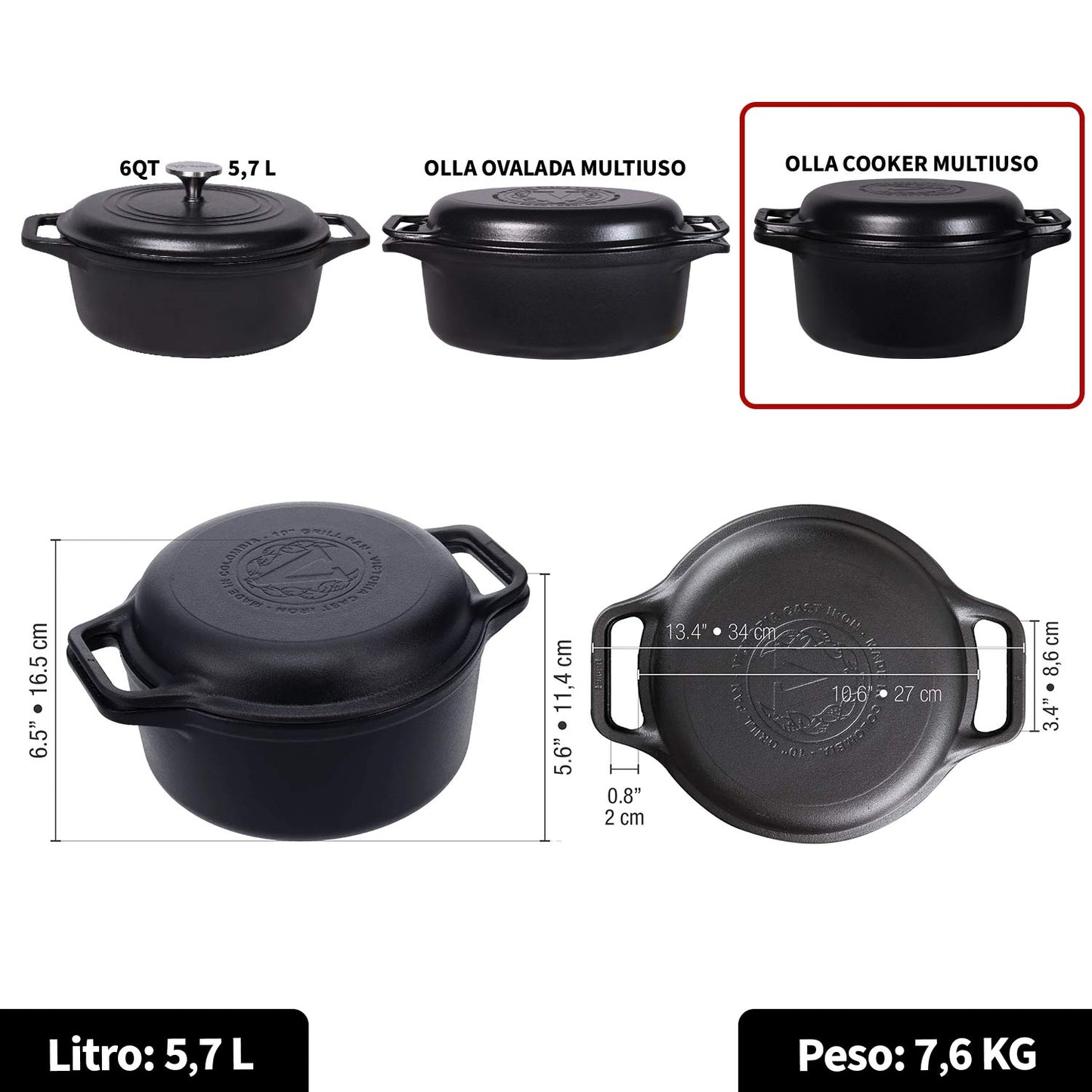 Olla Cooker Redondo Multiuso de Hierro Fundido Esmaltado Victoria 6qt (5.7L)