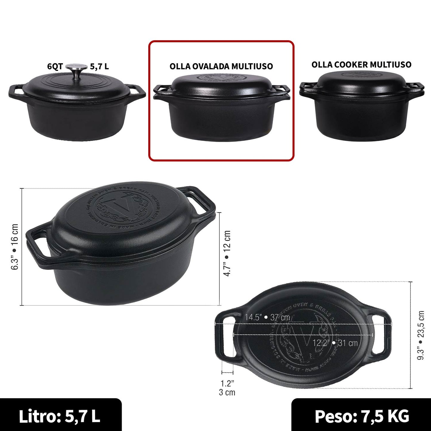 Olla Cooker Ovalada Multiuso de Hierro Fundido Esmaltado Victoria 6qt (5.7L)