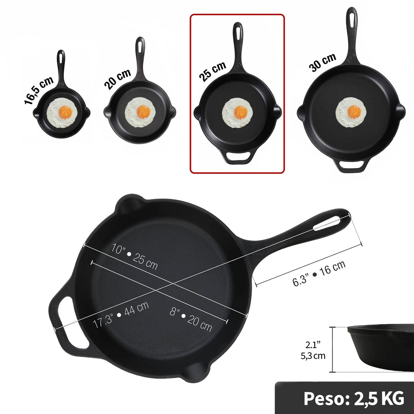 Juego de Sartén de N°20 y N°25 de Hierro Fundido Precurado con mangos de goma - Victoria
