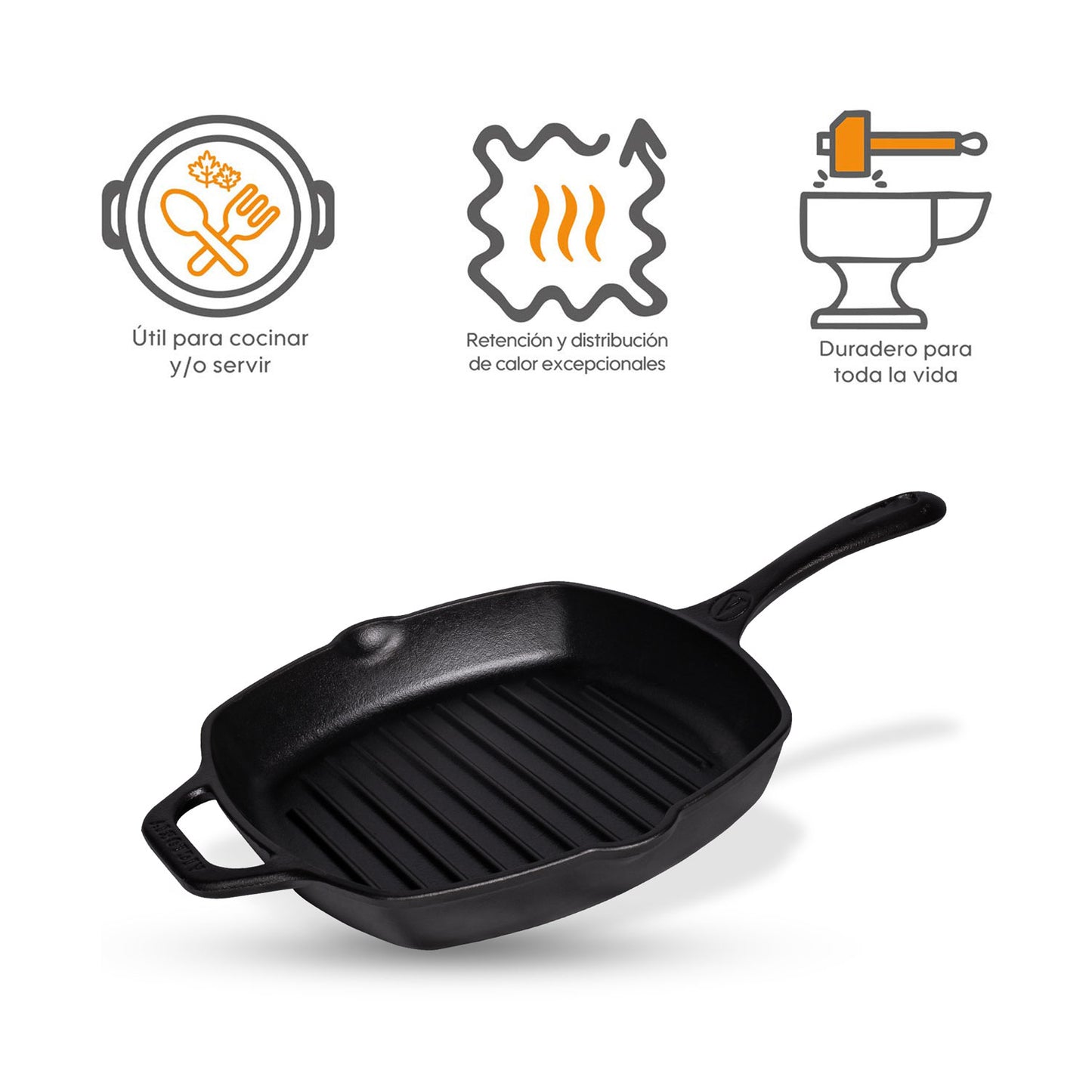 Sartén N° 25 Cuadrado de Hierro Fundido con Tapa de Vidrio y Mango de goma