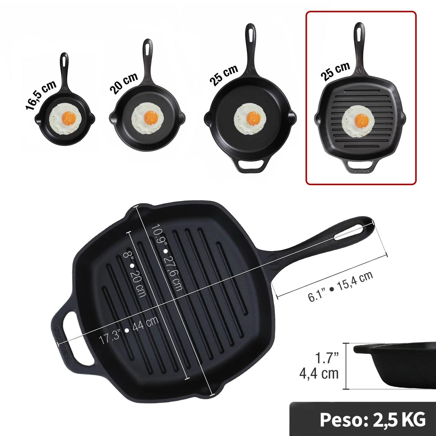 Sartén N° 25 Cuadrado de Hierro Fundido con Tapa de Vidrio y Mango de goma