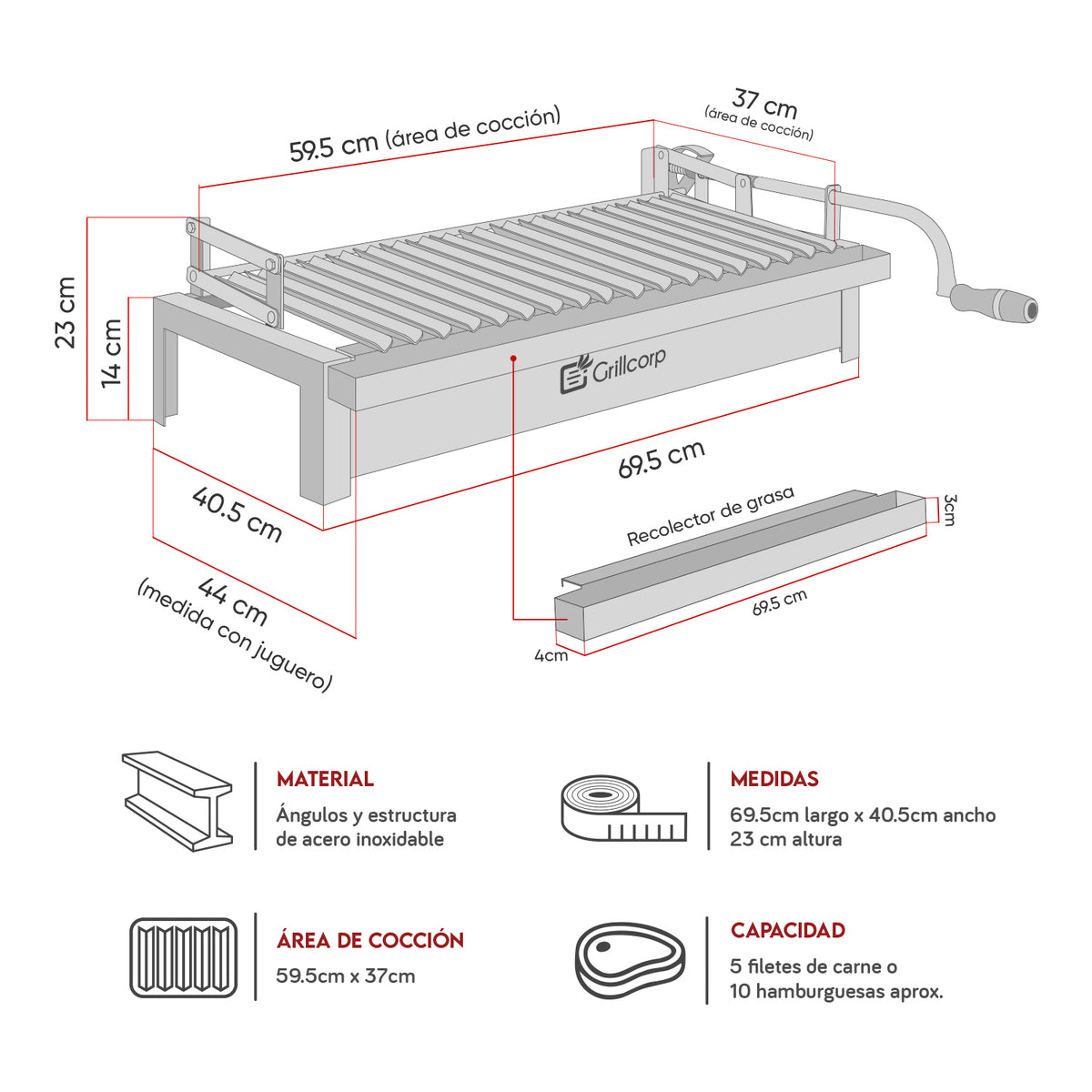 Parrilla Empotrable con sistema de levante Inoxidable Grande 40cm x 69cm