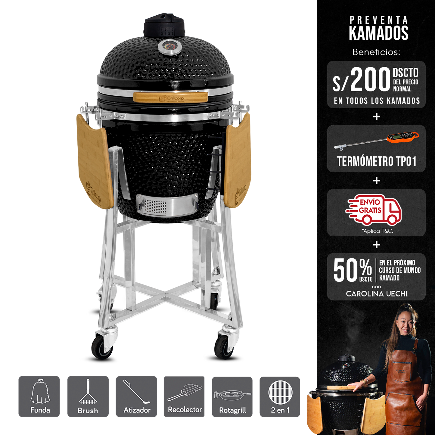Kamado Clásico 18" + Divide and conquer 2 niveles + Rotagrill