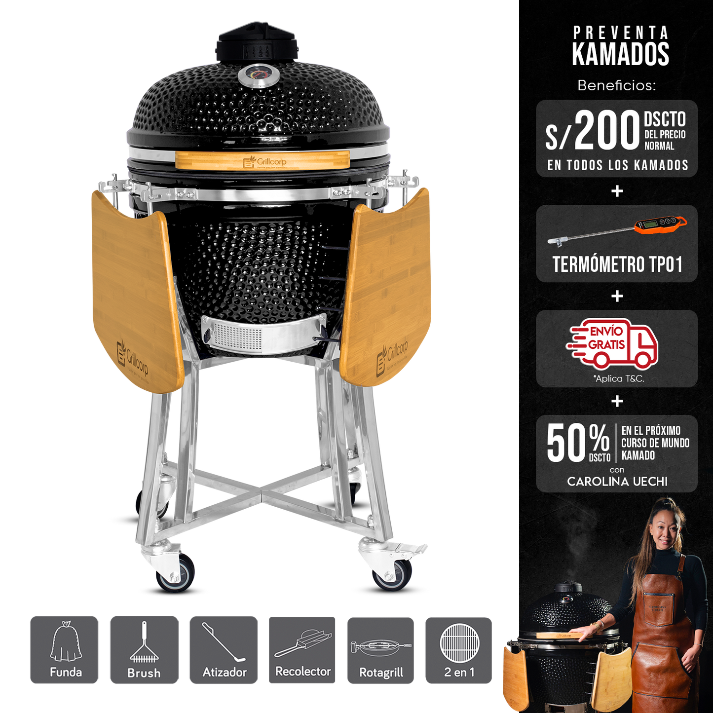Kamado Clásico 20" + Rotagrill + Divide and conquer de 2 niveles