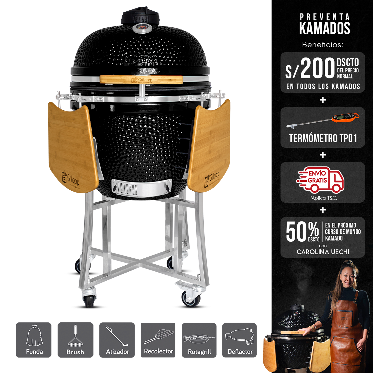 Kamado Clásico 23" + Rotagrill + Deflactor
