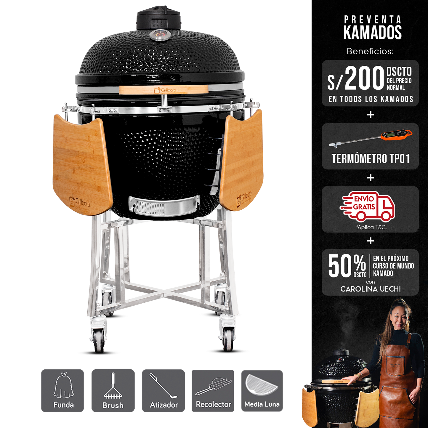 Kamado Clásico 25" con plancha media luna