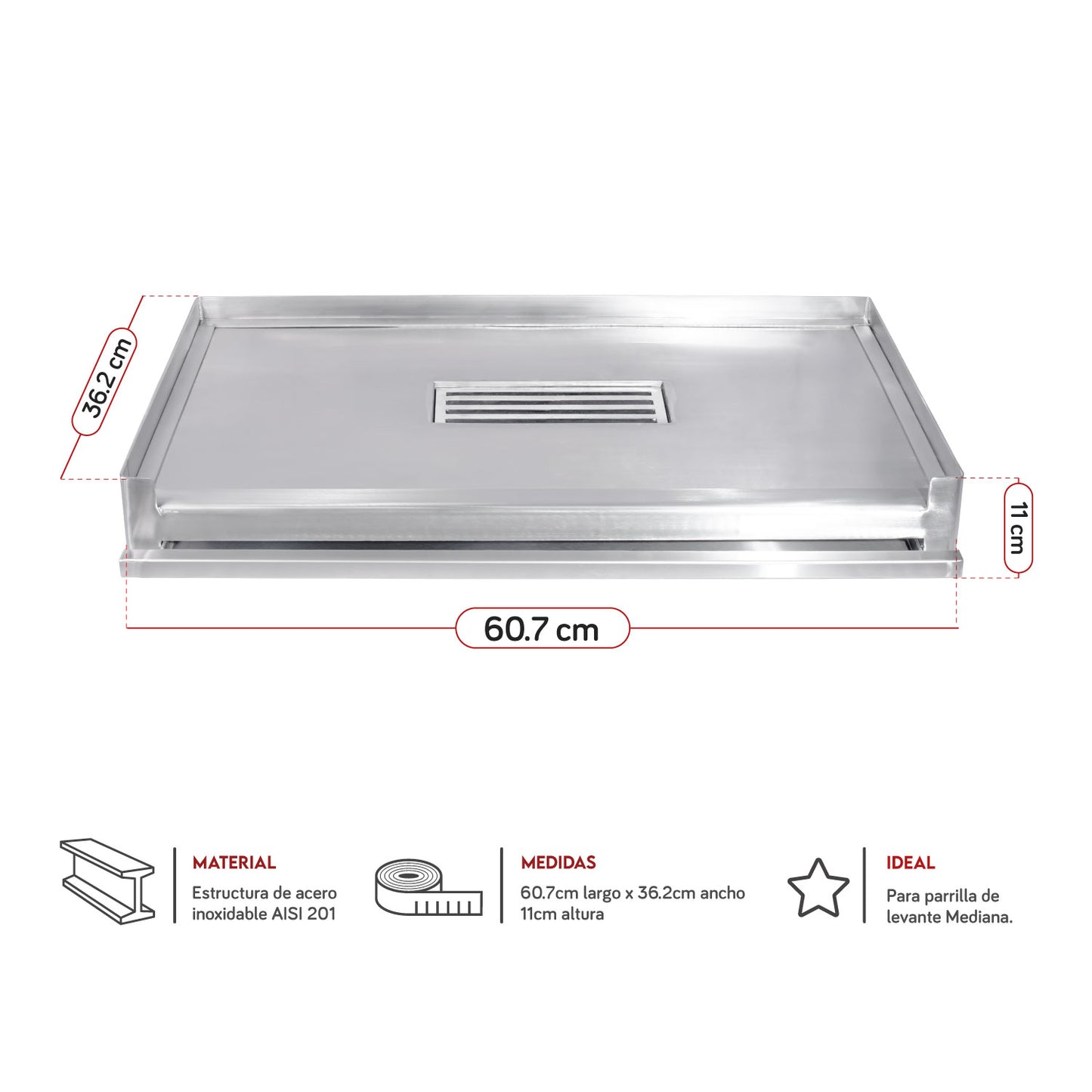 Parrilla Empotrable con sistema de levante Inoxidable Mediana 35cm x 59cm