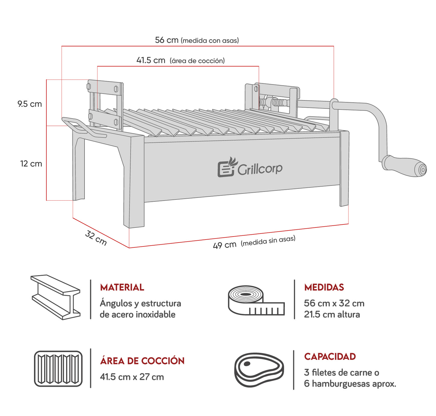 Parrilla Empotrable con sistema de levante Inoxidable Junior 32cm x 49cm