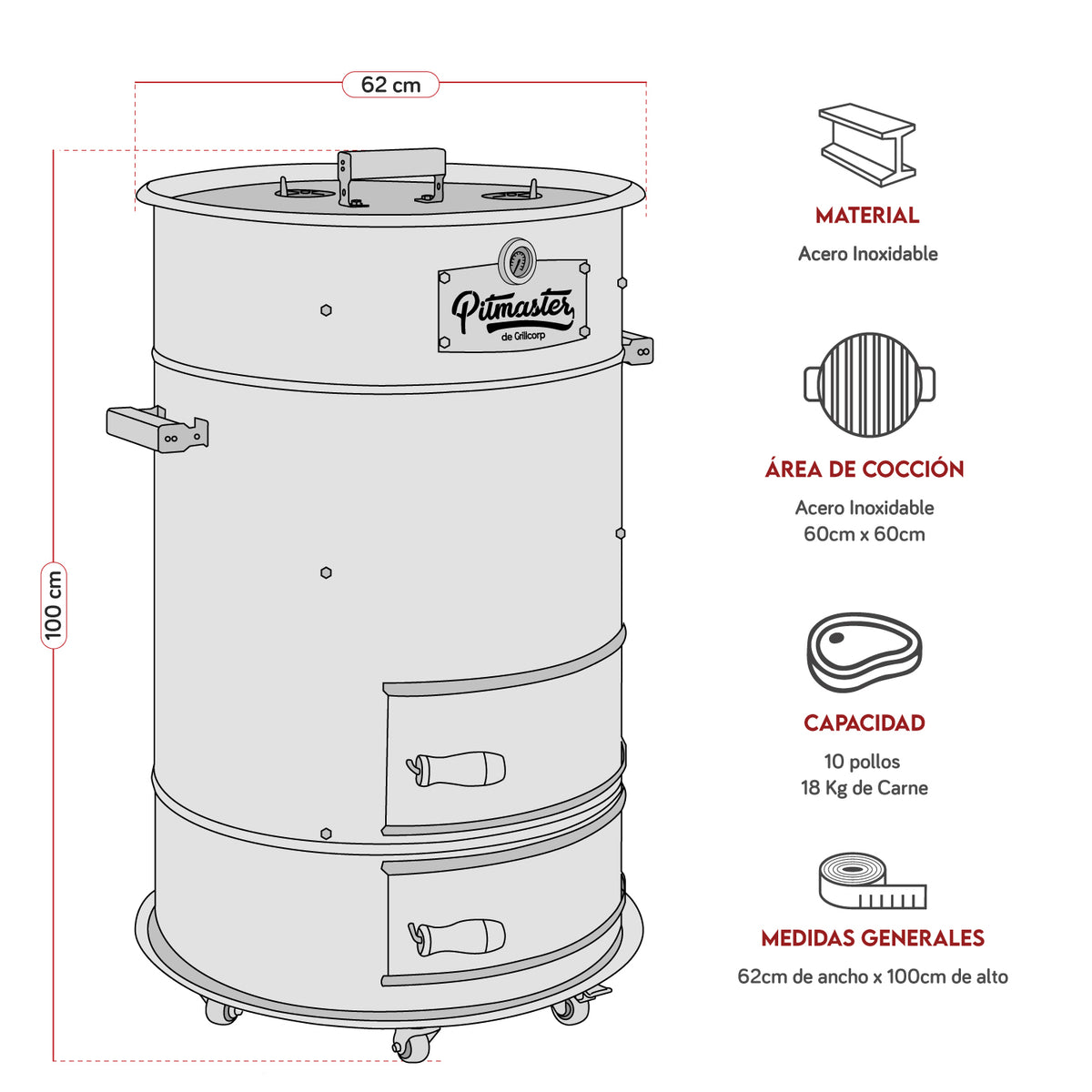 Cilindro Ahumador Grande de Acero Inoxidable AISI 304 (62cm x 100cm) | Grillcorp