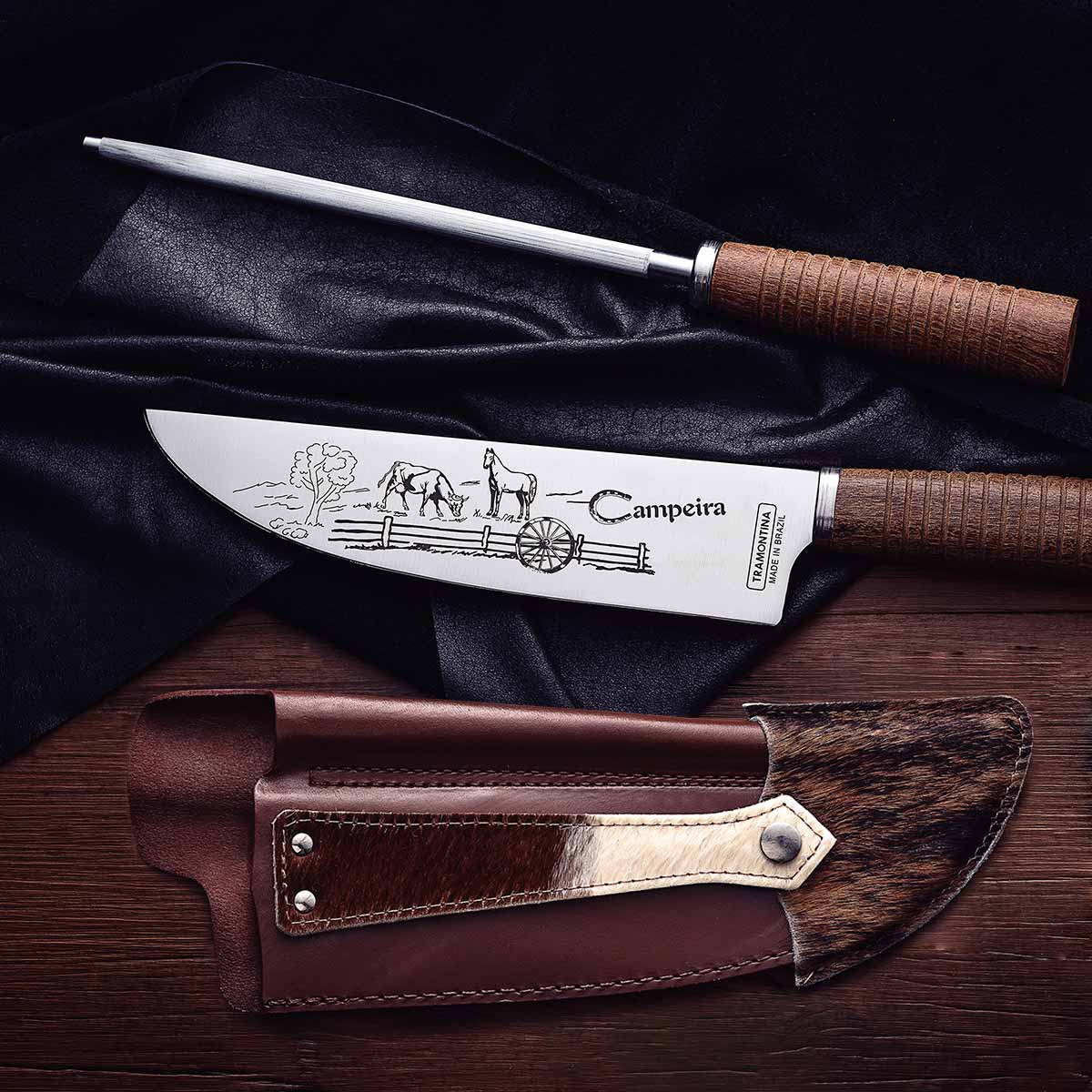 Cuchillo grabado + afilador con estuche de cuero