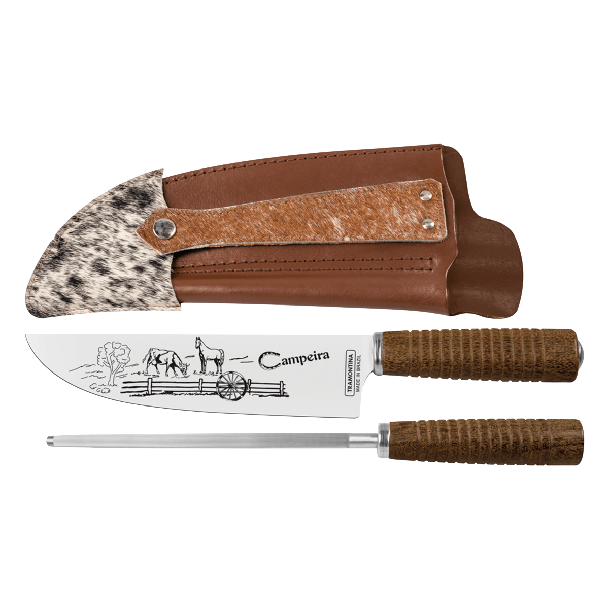 Cuchillo grabado + afilador con estuche de cuero