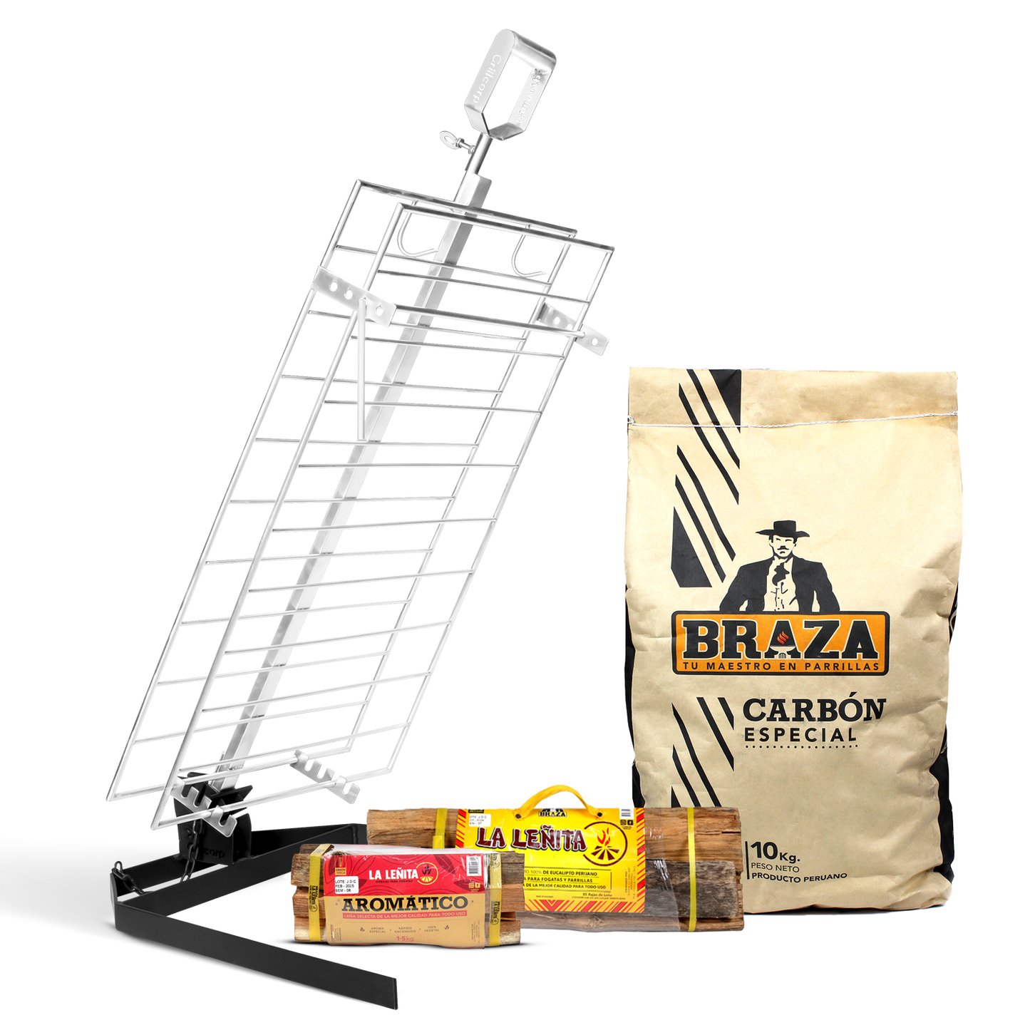 Combo Estaca Inoxidable 75 x 50 cm + Pack carbón y leña