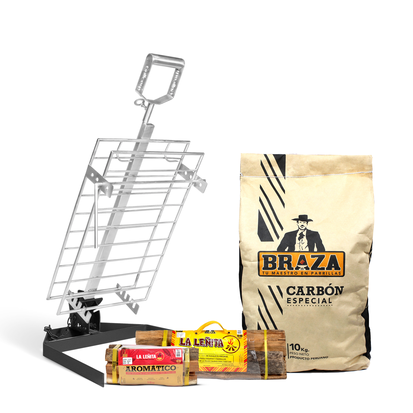 Combo Estaca Inoxidable de 45 x 30 cm + Pack carbón y leña