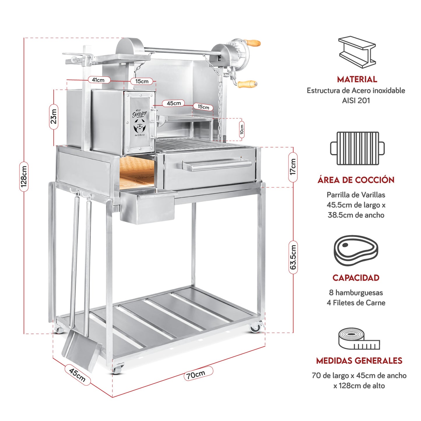 Parrilla Uruguaya Chica de Acero Inoxidable