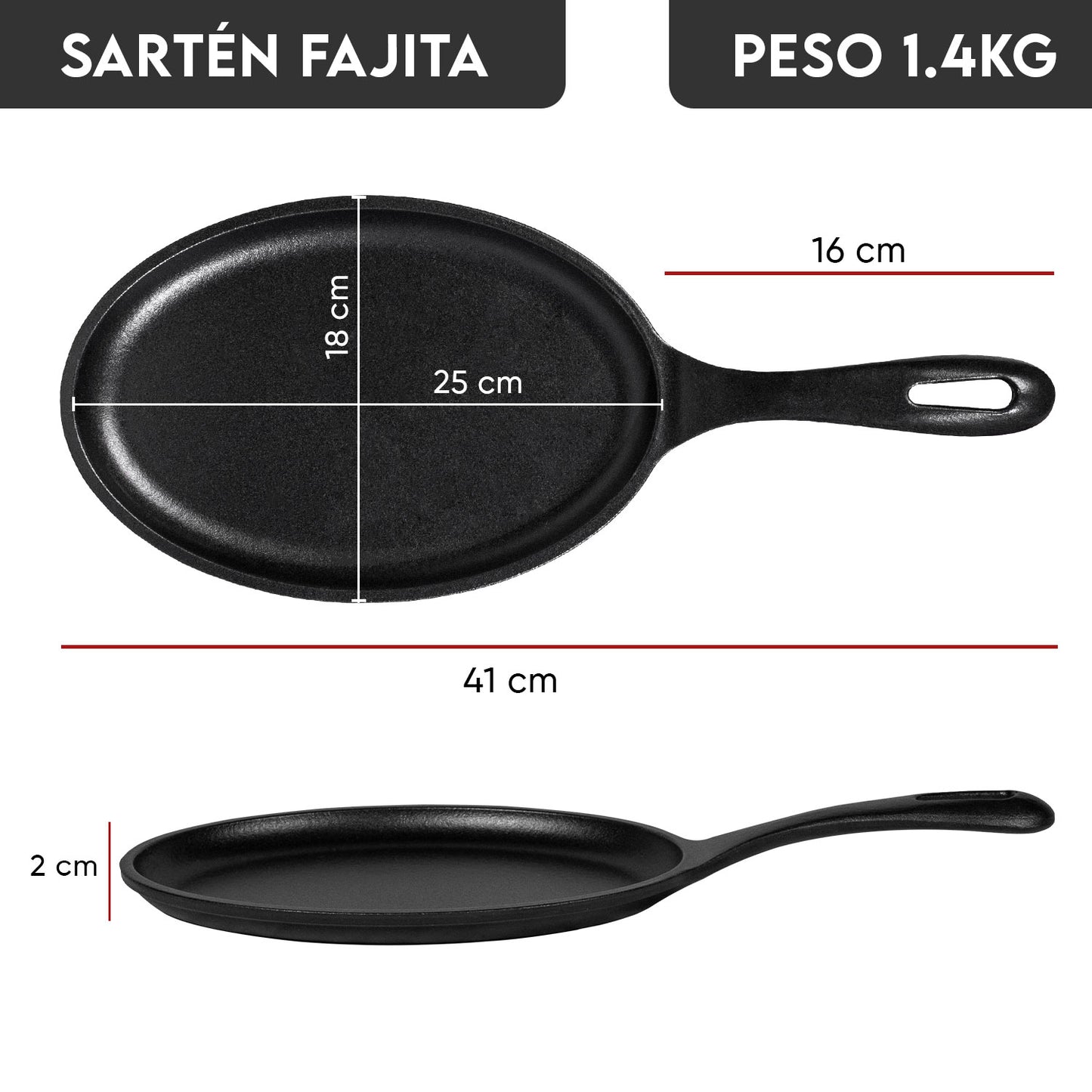 Sartén Fajita de 25cm x 18cm de Hierro Fundido Esmaltado - Victoria