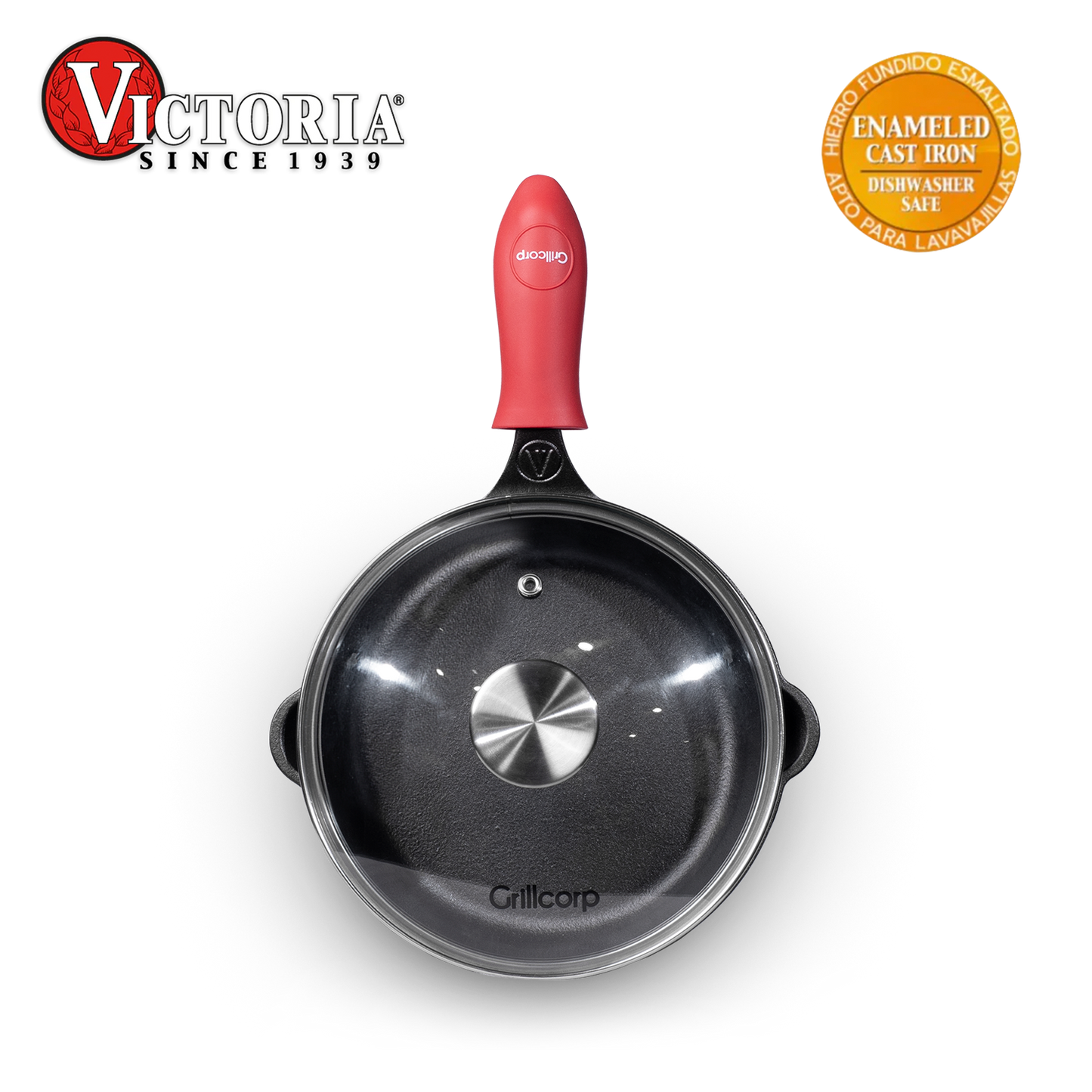 Sartén N° 16 de Hierro Fundido con Tapa de Vidrio y Mango de goma