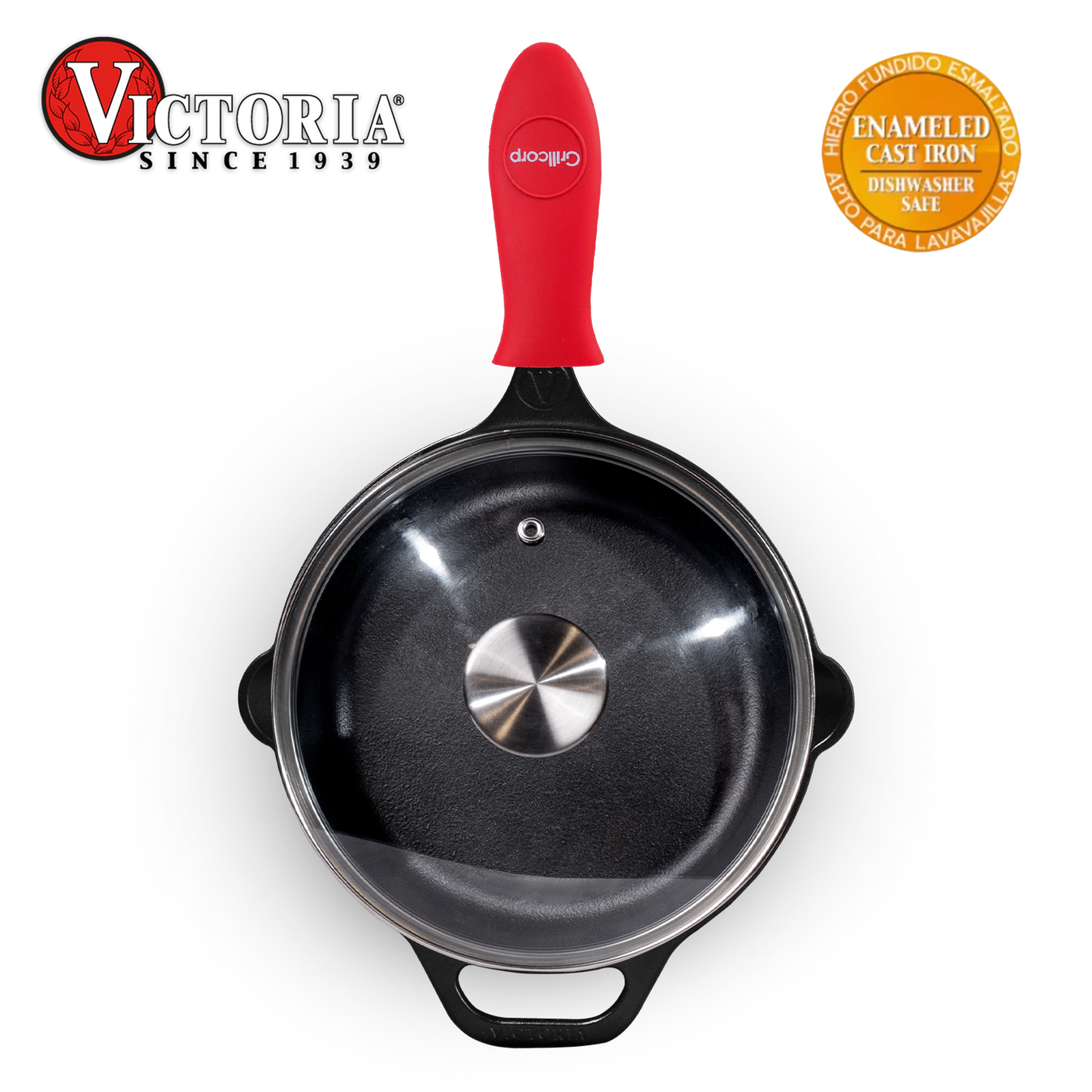 Sartén N° 25 de Hierro Fundido con Tapa de Vidrio y Mango de goma