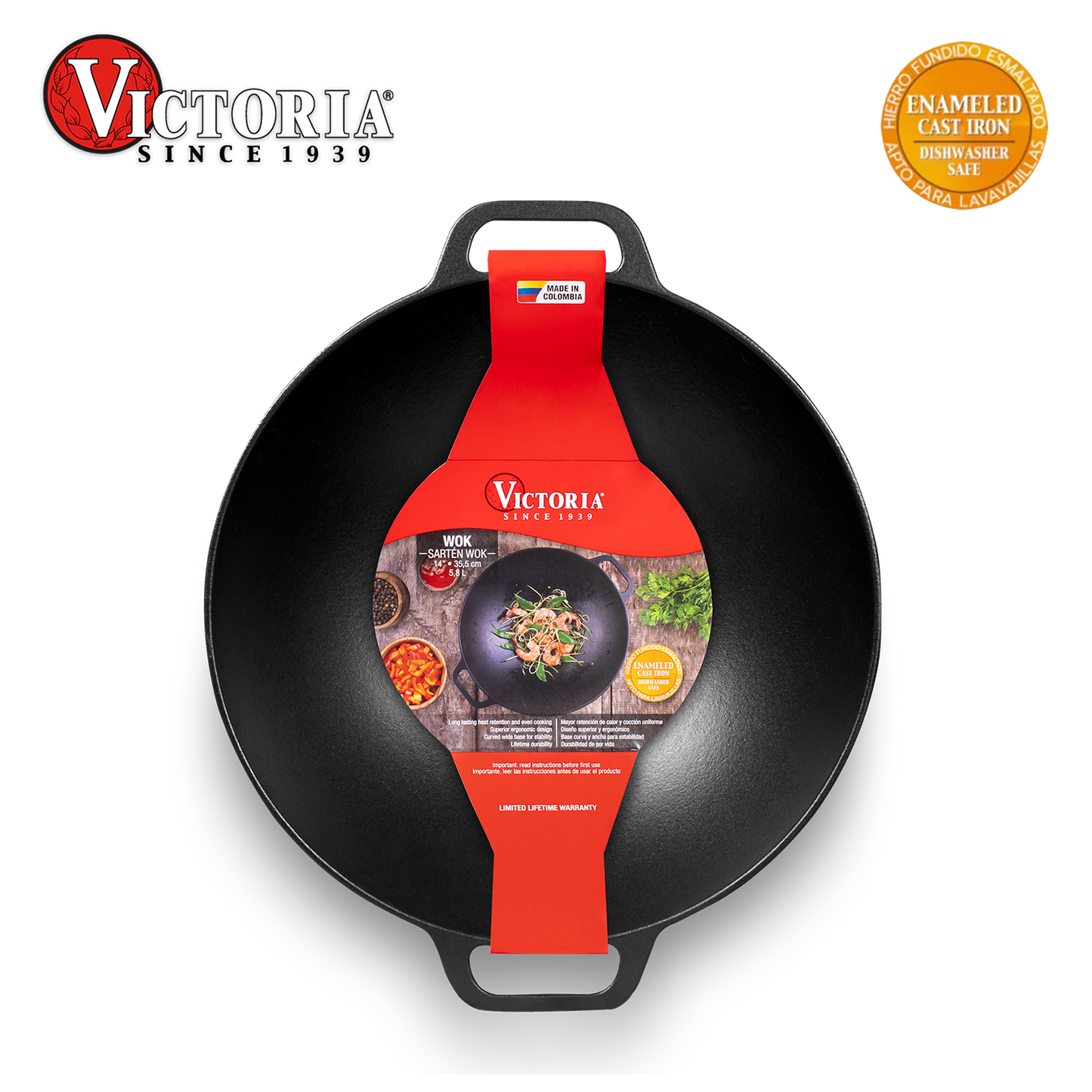 Sartén Wok de 35.5 cm de Hierro Fundido Esmaltado Victoria