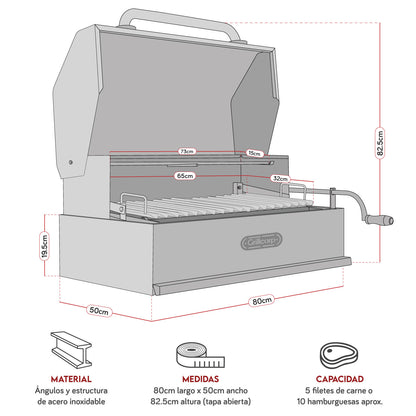 Parrilla Argentina con tapa Grande Empotrable Inoxidable 80cm x 50cm | Grillcorp