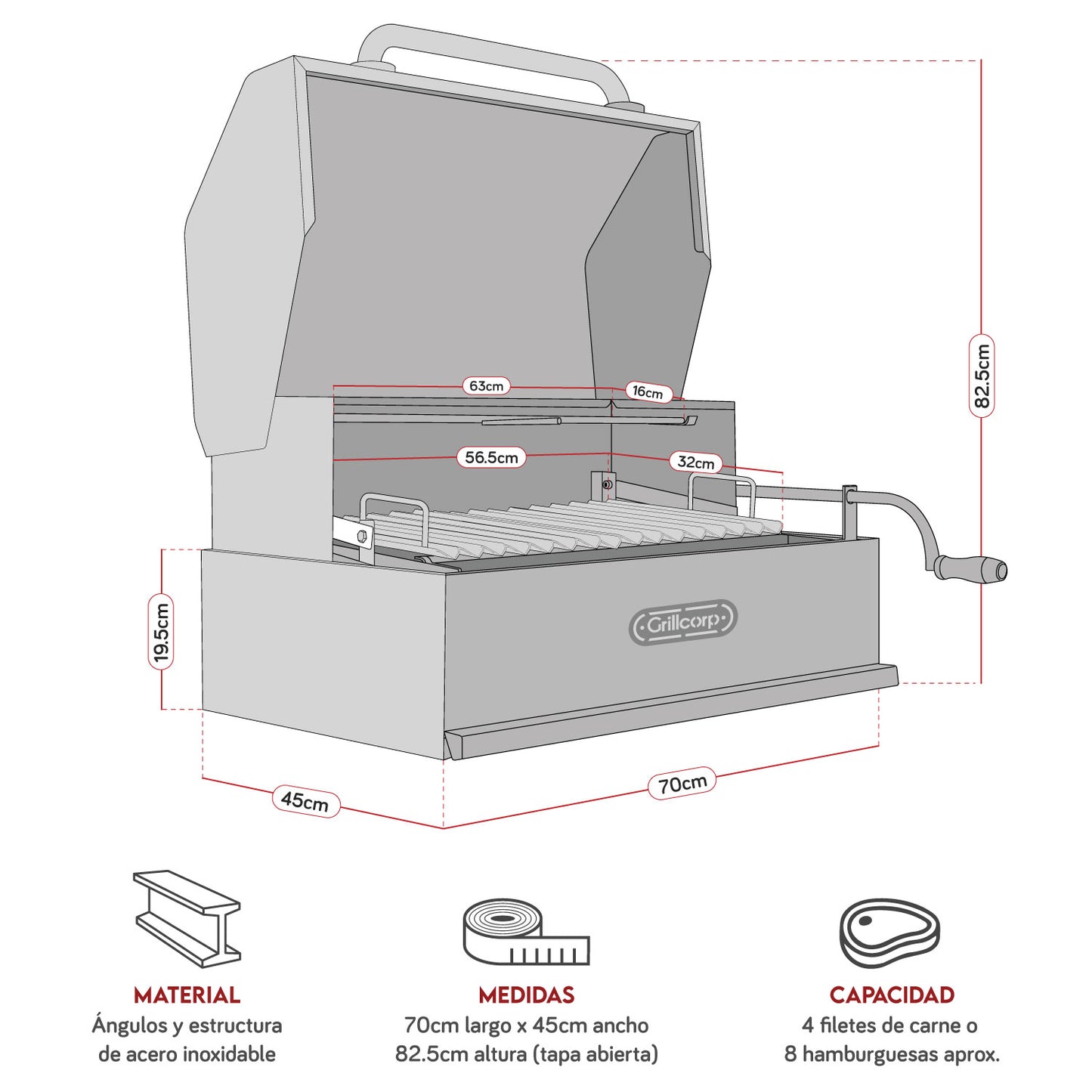 Parrilla Argentina con tapa Mediana Empotrable Inoxidable 70cm x 45cm | Grillcorp