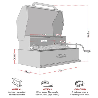 Parrilla Argentina con tapa Mediana Empotrable Inoxidable 70cm x 45cm | Grillcorp