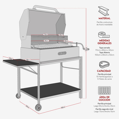 Parrilla Argentina con tapa Grande Inoxidable 80cm x 50cm | Grillcorp