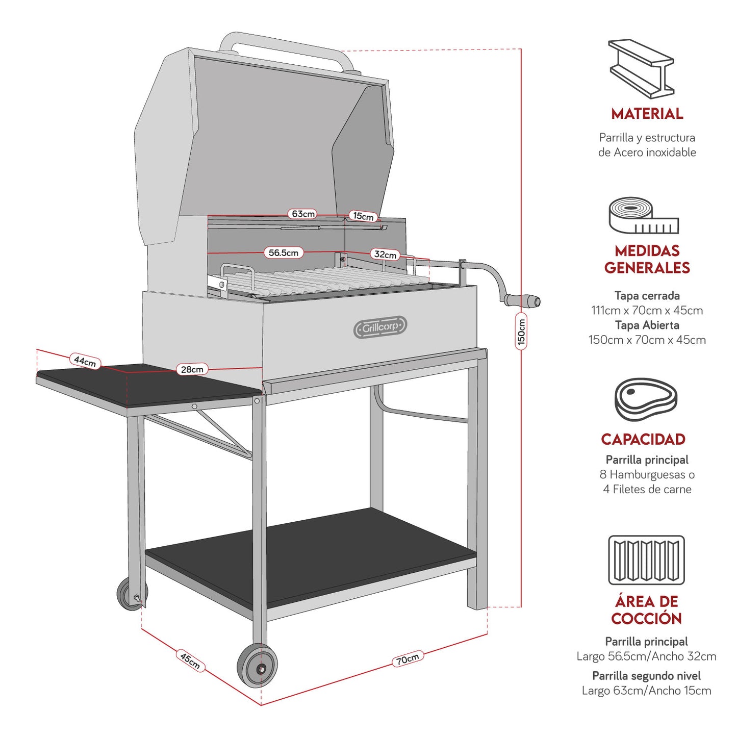 Parrilla Argentina con tapa Mediana Inoxidable 70cm x 45cm | Grillcorp