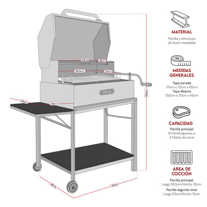 Parrilla Argentina con tapa Mediana Inoxidable 70cm x 45cm | Grillcorp