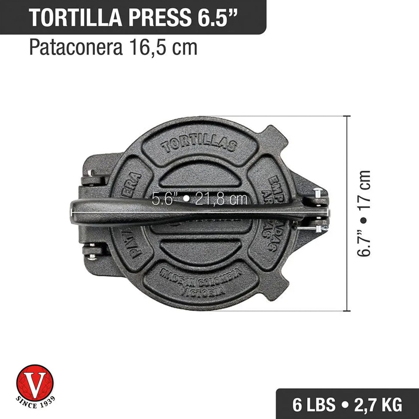 Prensador de tortillas de 6.5" de Hierro Fundido Pre Curado - Victoria