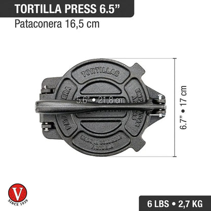 Prensador de tortillas de 6.5" de Hierro Fundido Pre Curado - Victoria