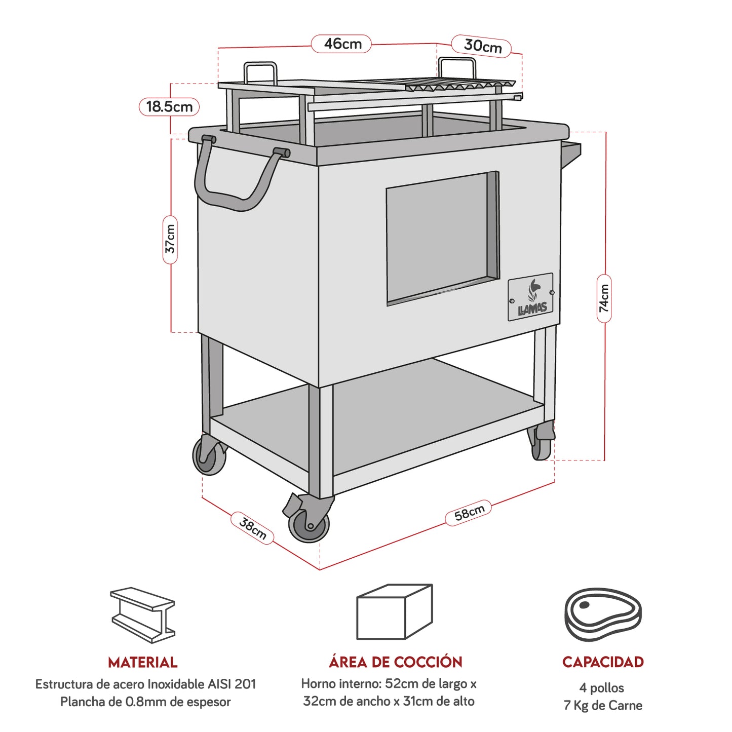 Caja China Mediana (60cm x 40cm) de Acero Inoxidable 2 en 1 - Llamas
