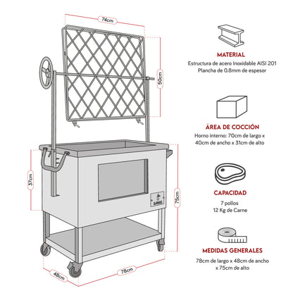 Caja China Grande (80cm x 50cm) de Acero Inoxidable 3 en 1 - Llamas