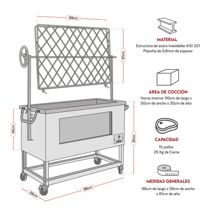 Caja China Grande (100cm x 60cm) de Acero Inoxidable 3 en 1 - Llamas